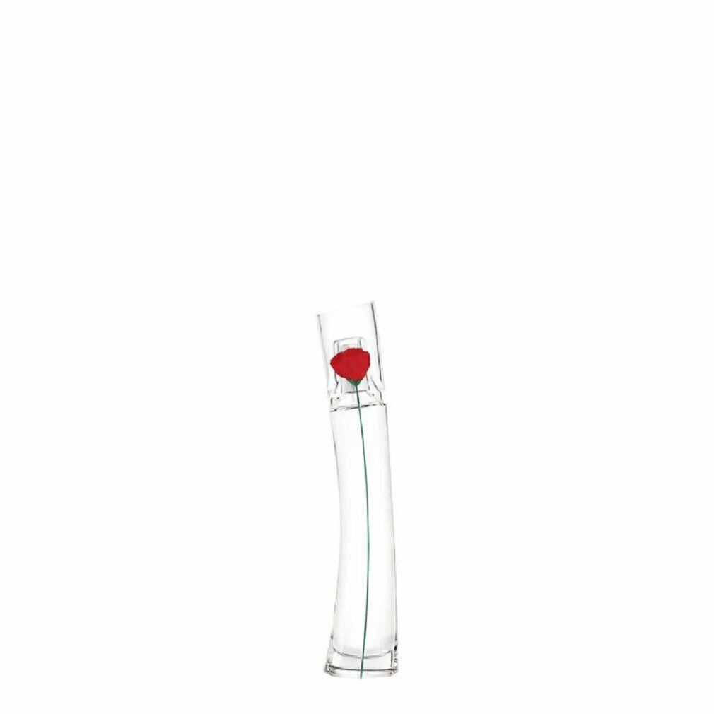 Parfümflasche mit roter Blume und grünem Stiel. Schräge Form, durchsichtiges Glas.