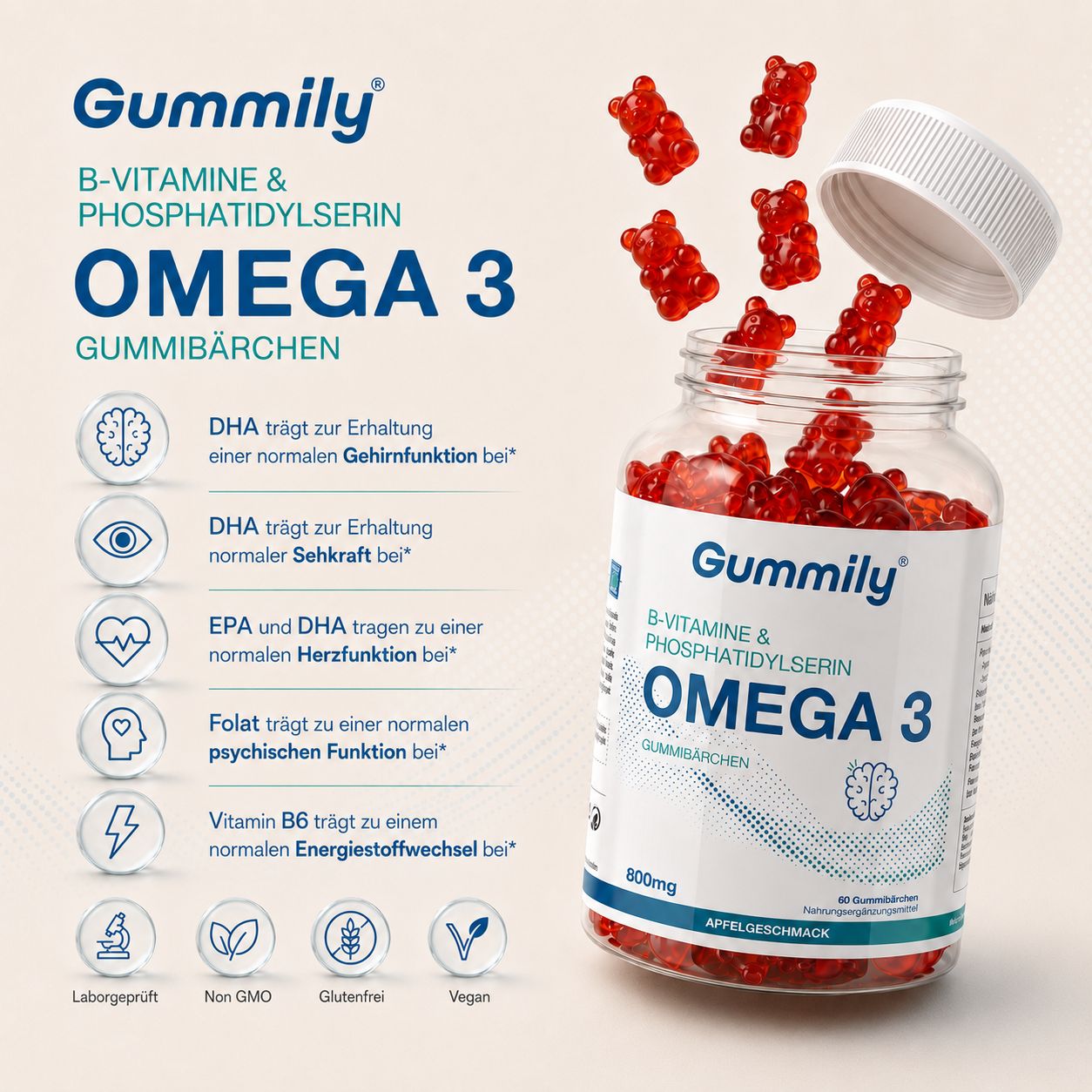 Gummily Omega 3 Gummibärchen mit Icons für Gehirn, Augen, Herz und Folsäure.