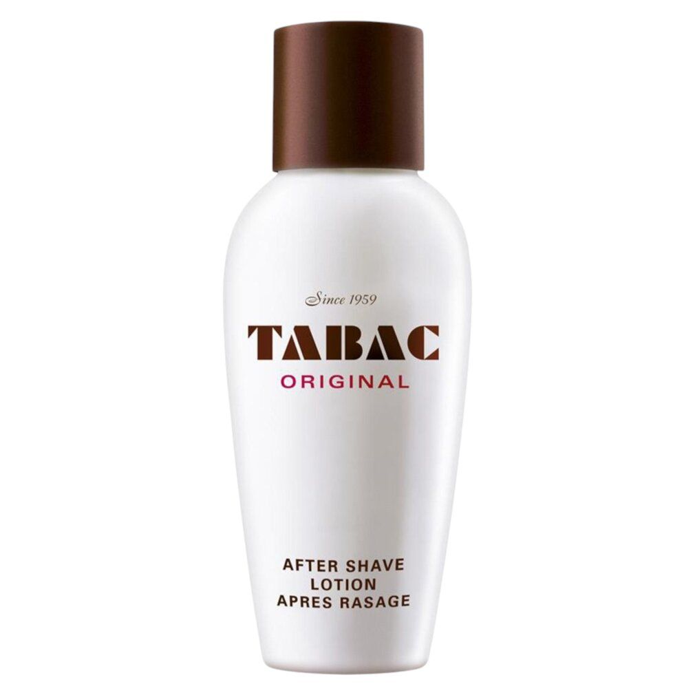 Weiße Flasche mit braunem Deckel. Aufschrift: TABAC ORIGINAL, After Shave Lotion. Flasche steht aufrecht.