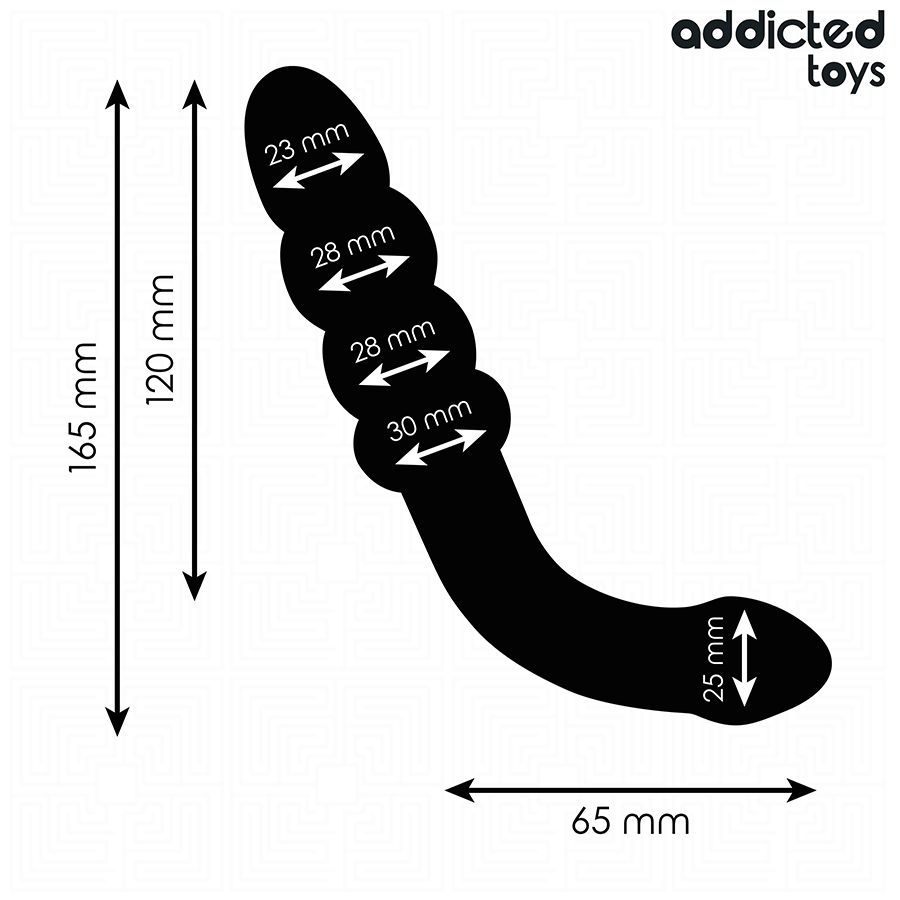 Abmessungen eines doppelseitigen Analplugs: Gesamtlänge 165mm, Schaftlänge 120mm. Durchmesser 23-30mm.