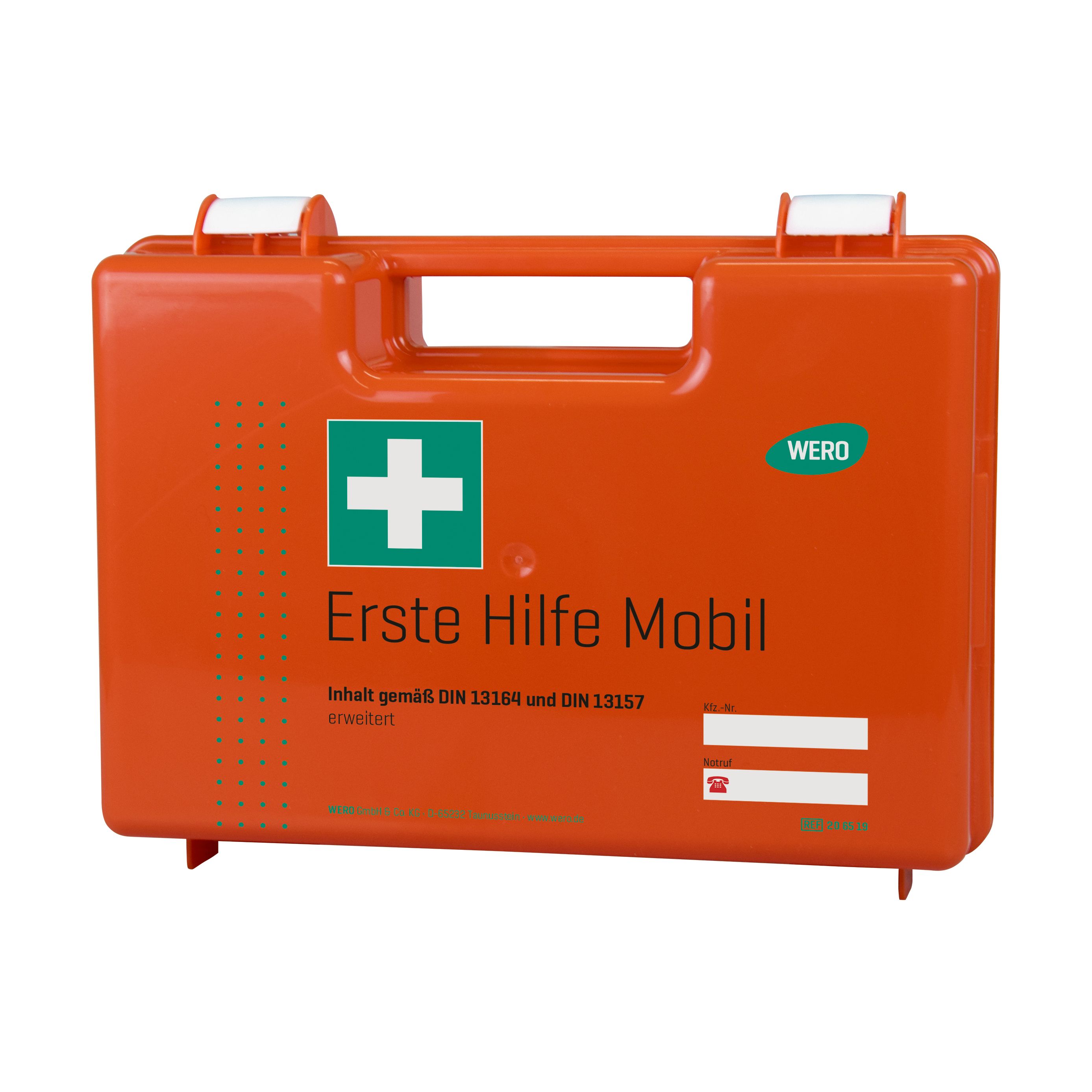 Oranger Erste-Hilfe-Koffer mit weißem Kreuz und Griff. Aufschrift: Erste Hilfe Mobil. DIN 13164 und DIN 13157. Marke WERO.