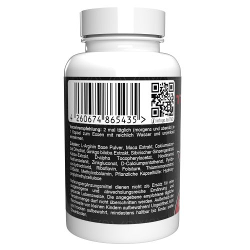 Rückseite einer weißen Nahrungsergänzungsmittel-Flasche. Barcode, QR-Code und Text mit Inhaltsstoffen und Anwendungshinweisen.