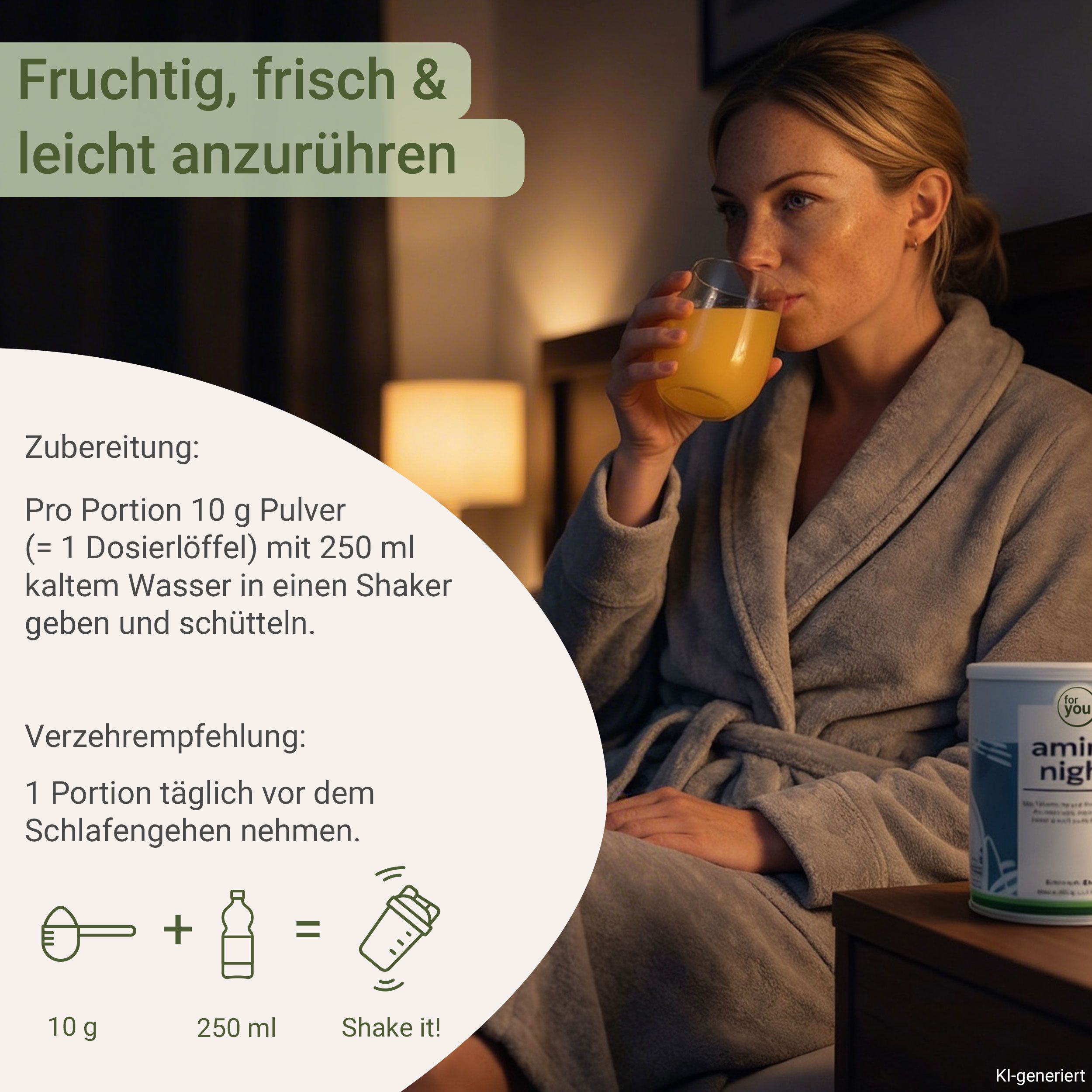 Frau trinkt abends ein Getränk, daneben eine Dose 'amino night' und Zubereitungssymbol.