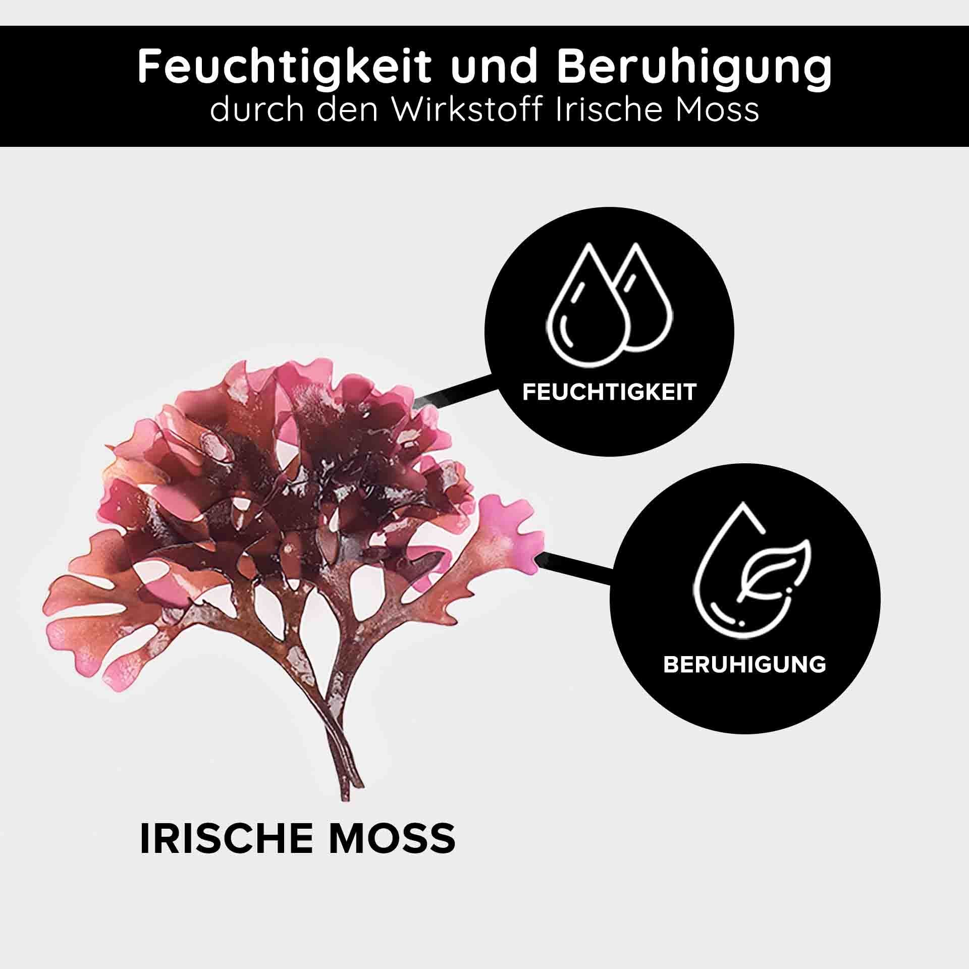 Grafik mit Irischem Moos und Symbolen für Feuchtigkeit und Beruhigung.