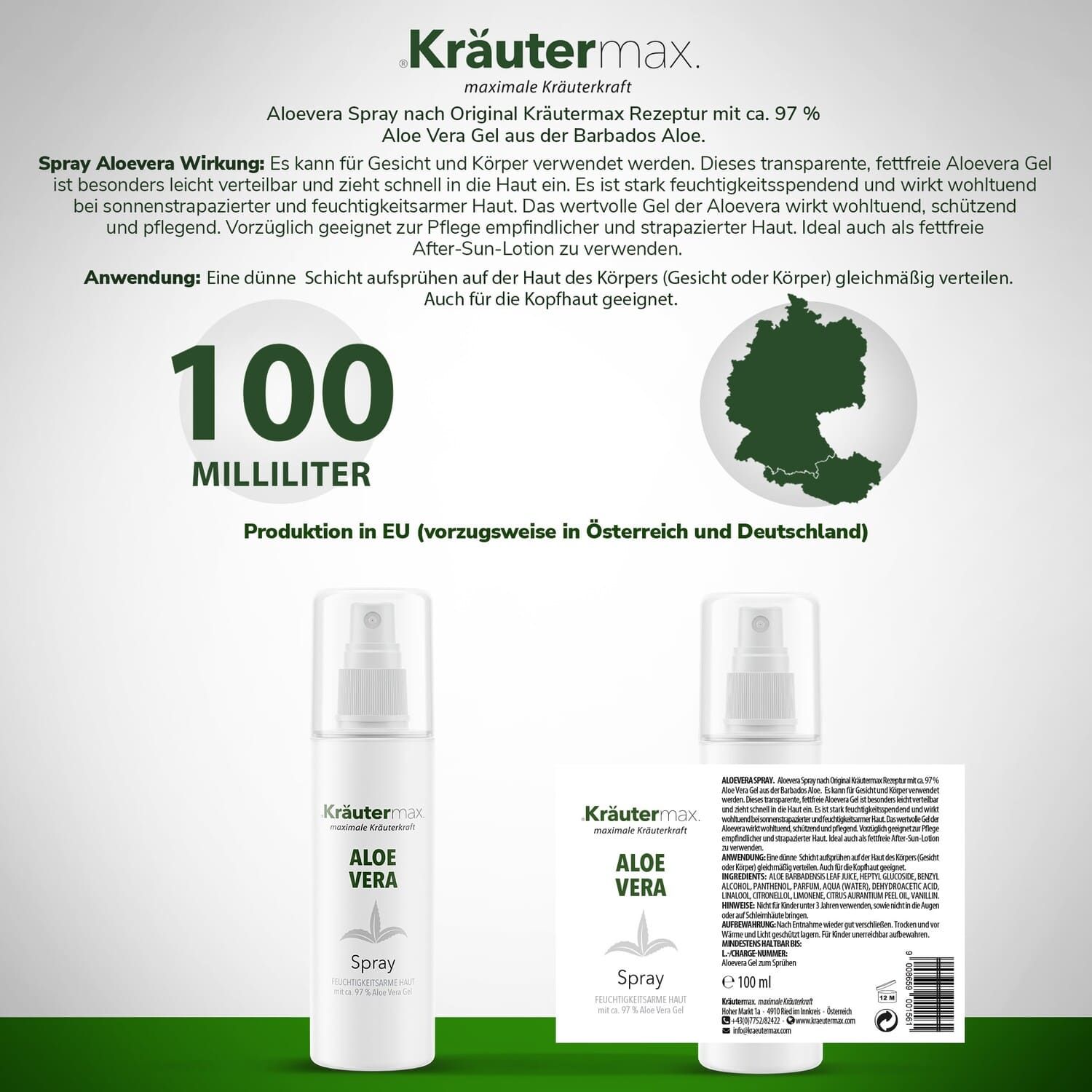 Aloe Vera Spray, transparente Flasche mit Sprühkopf. Text: Aloe Vera, 100 Milliliter. Produktinformationen und Deutschland-Karte.