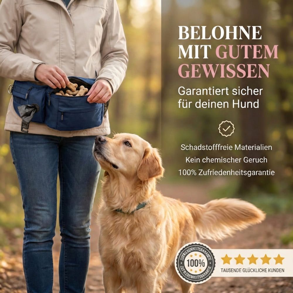 Person mit blauer Bauchtasche und Hund. Text: Belohne mit gutem Gewissen. 100% Zufriedenheitsgarantie. Logo mit 5 Sternen.
