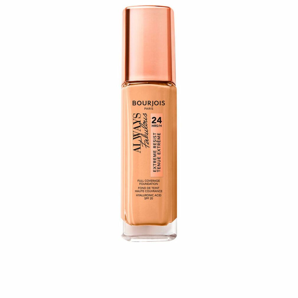 Bourjois Always Fabulous Foundation. Beige Farbton. Flasche mit rosafarbenem Deckel. Text: Always Fabulous, 24H, Extreme Resist, SPF 20.