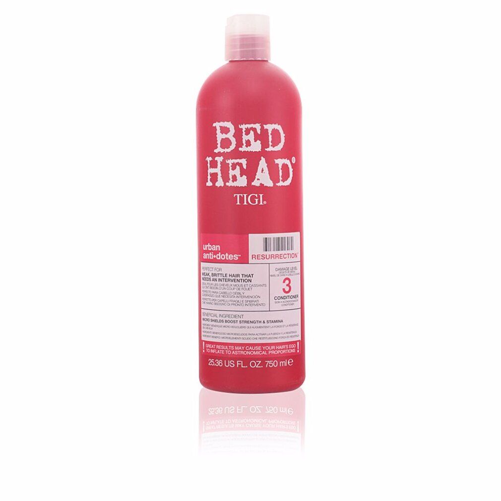 Rote Flasche mit weißem Deckel. Aufschrift: BED HEAD TIGI. Etikett mit Produktinformationen und Nummer 3.