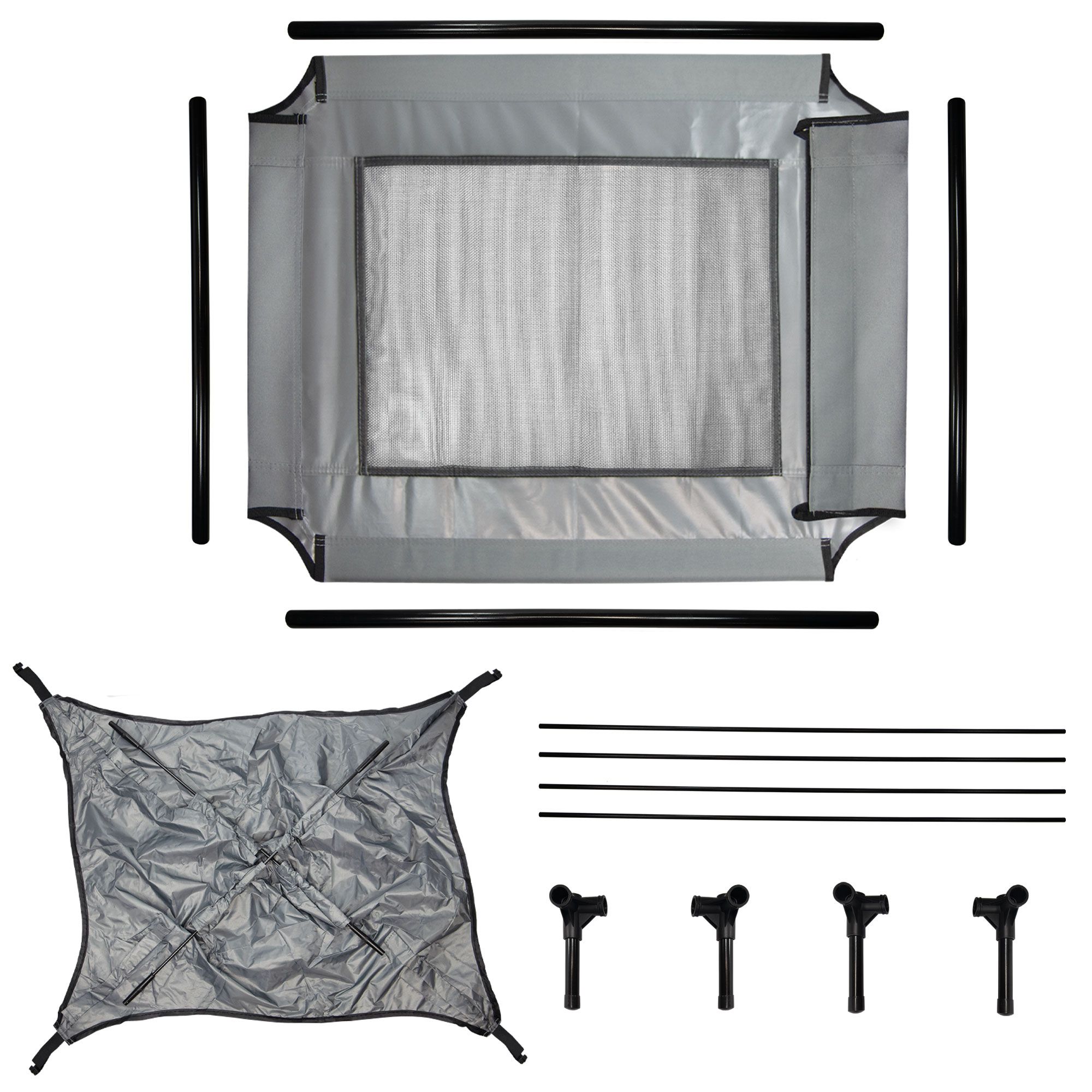 Einzelteile der Hunde Gartenliege. Rechteckige Liegefläche, Sonnendach, Stangen, und Füße. Grau und schwarz.