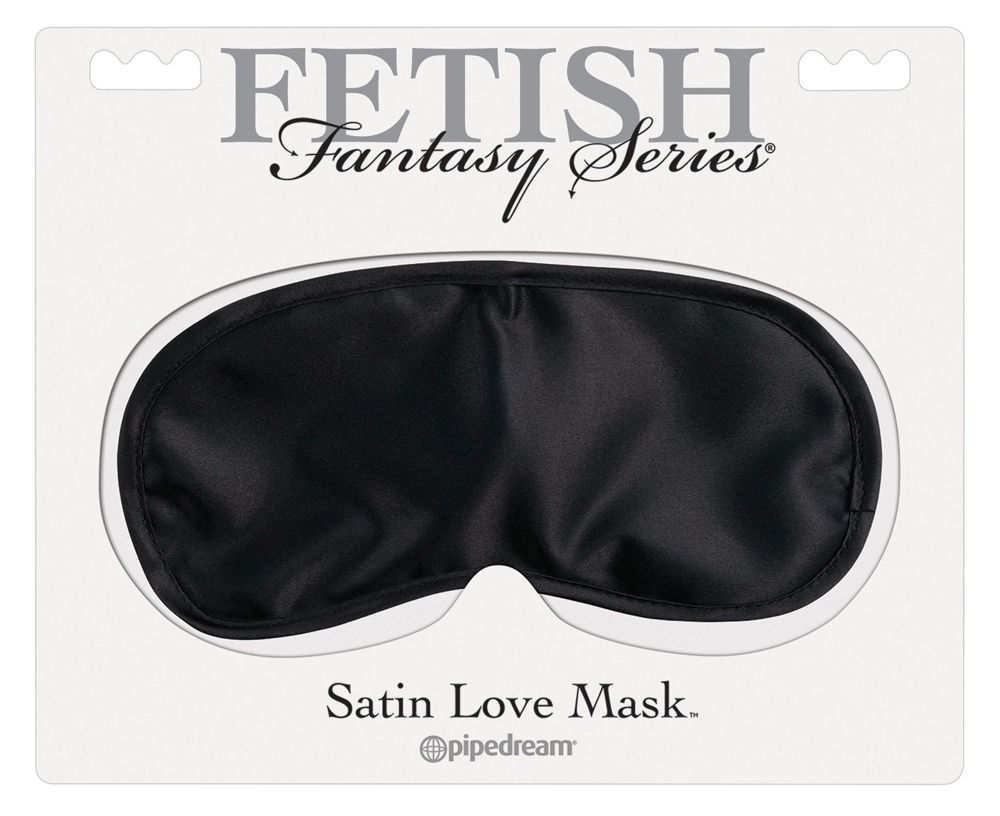 Schwarze Satin Love Maske in Verpackung. Marke: Fetish Fantasy Series. Text: Satin Love Mask. @pipedream.