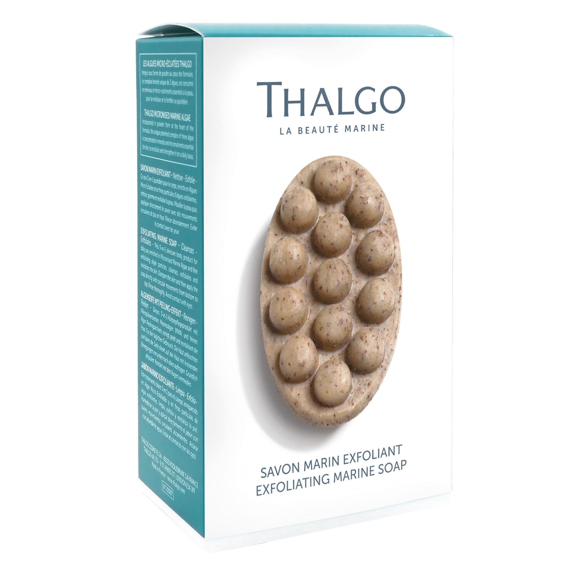 Verpackung mit Seife. Marke Thalgo. Oval geformte Seife mit Noppen. Text: Savon Marin Exfoliant.
