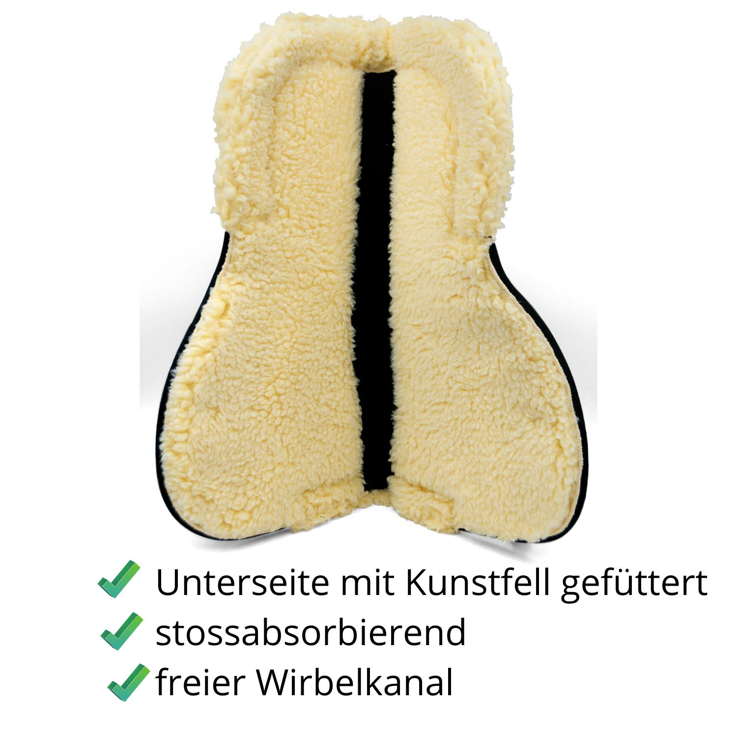Sattelpad mit Kunstfell gefüttert. Stoßabsorbierend. Freier Wirbelkanal.