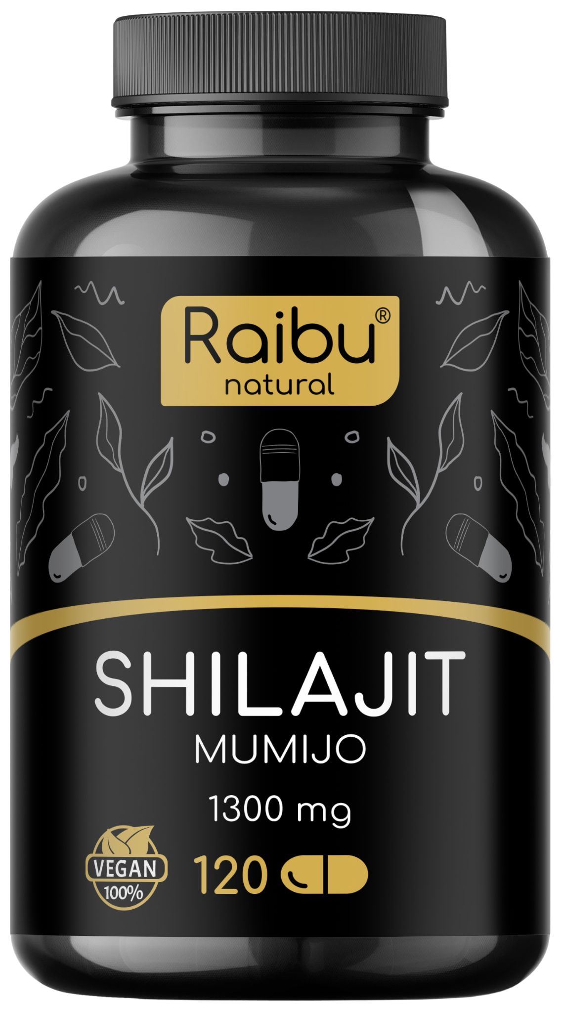 Schwarze Flasche mit Kapseln. Aufschrift: Shilajit Mumijo, 1300 mg, 120 Kapseln. Vegan-Siegel. Marke: Raibu natural.