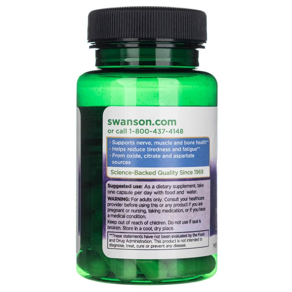 Rückseite der Swanson Triple Magnesium Complex Kapseln. Enthält Anwendungshinweise und Qualitätsversprechen.