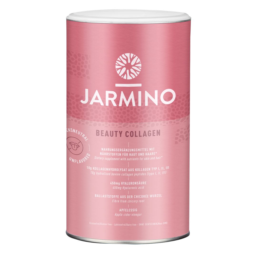 Zylindrische Dose mit rosa Etikett. Aufschrift: JARMINO Beauty Collagen. Enthält Nährstoffe für Haut und Haare. Unflavored.