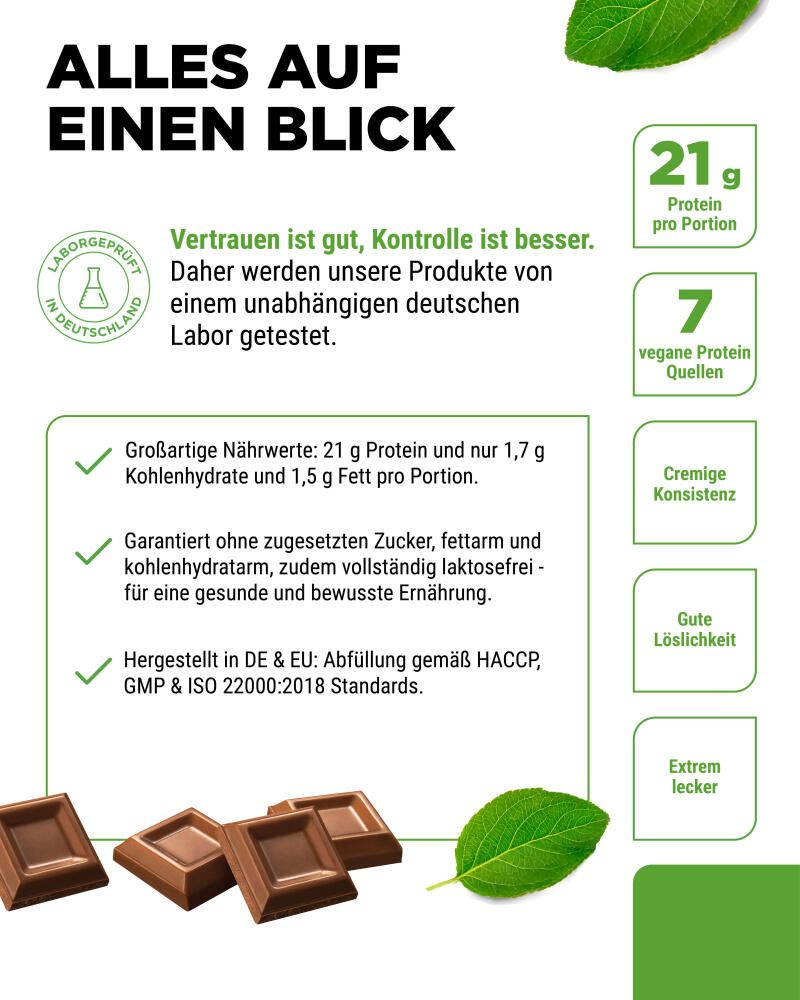 Text: "ALLES AUF EINEN BLICK" mit Produktinformationen. Logos und Angaben zu Nährwerten, Inhaltsstoffen und Zertifizierungen.