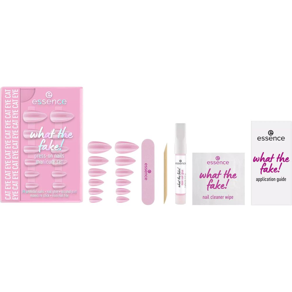 Maniküre-Set mit künstlichen Nägeln, Nagelfeile, Kleber, Reinigungstuch und Anleitung. Aufschrift: Essence, What the Fake!
