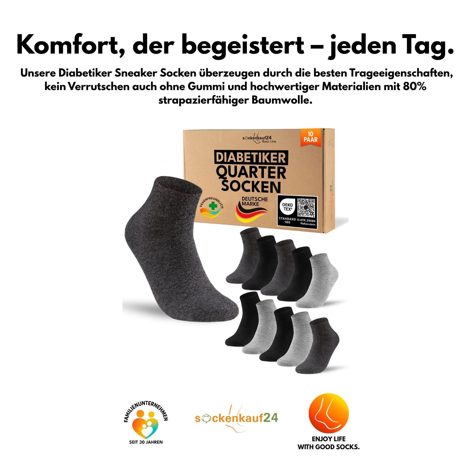 Diabetiker Quarter Socken mit Komfortbund ohne Gummi & ohne Naht für Damen und Herren