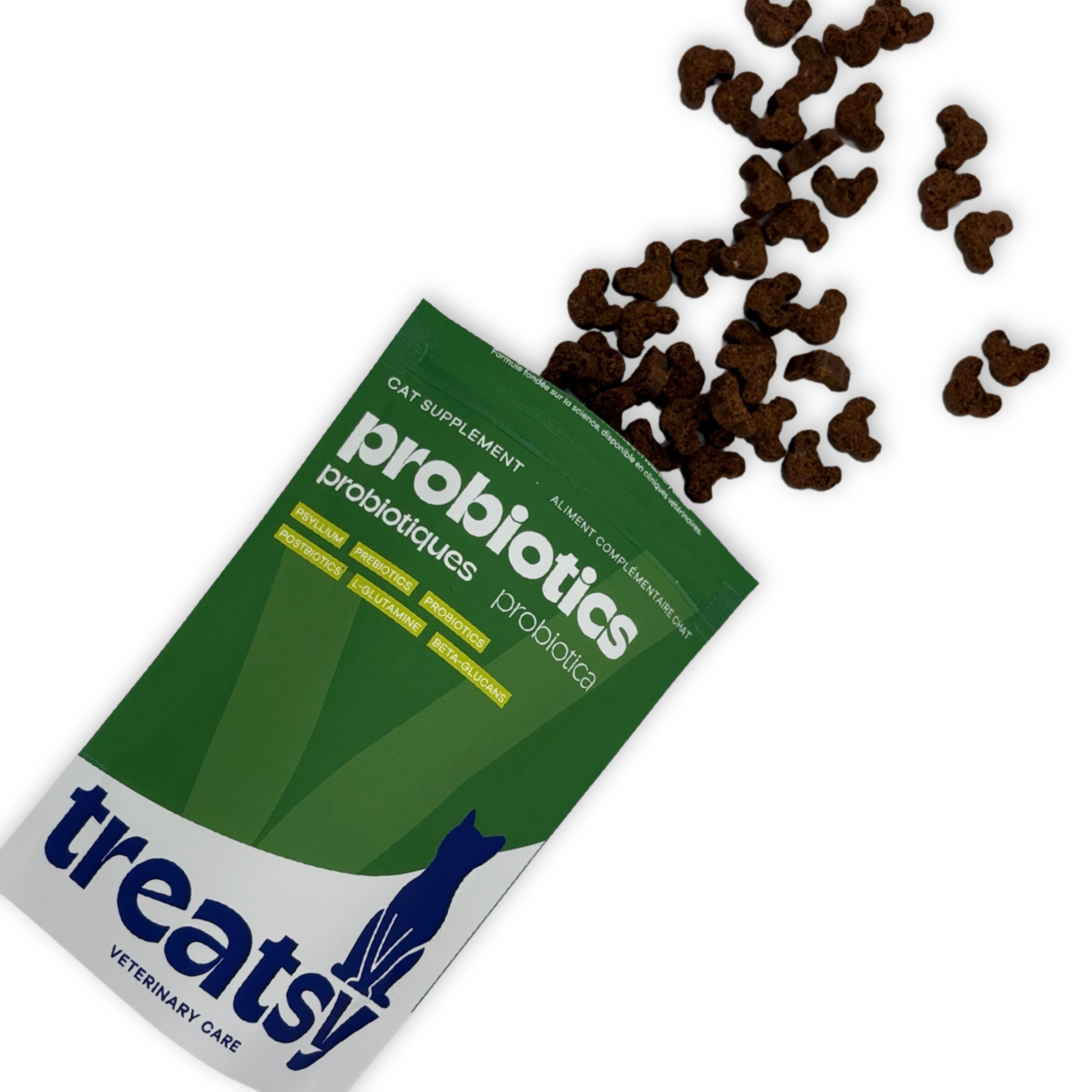 Grüner Beutel mit „Probiotics“ für Katzen. Braune, mausförmige Leckerlis fallen heraus. Text: Treatsy.