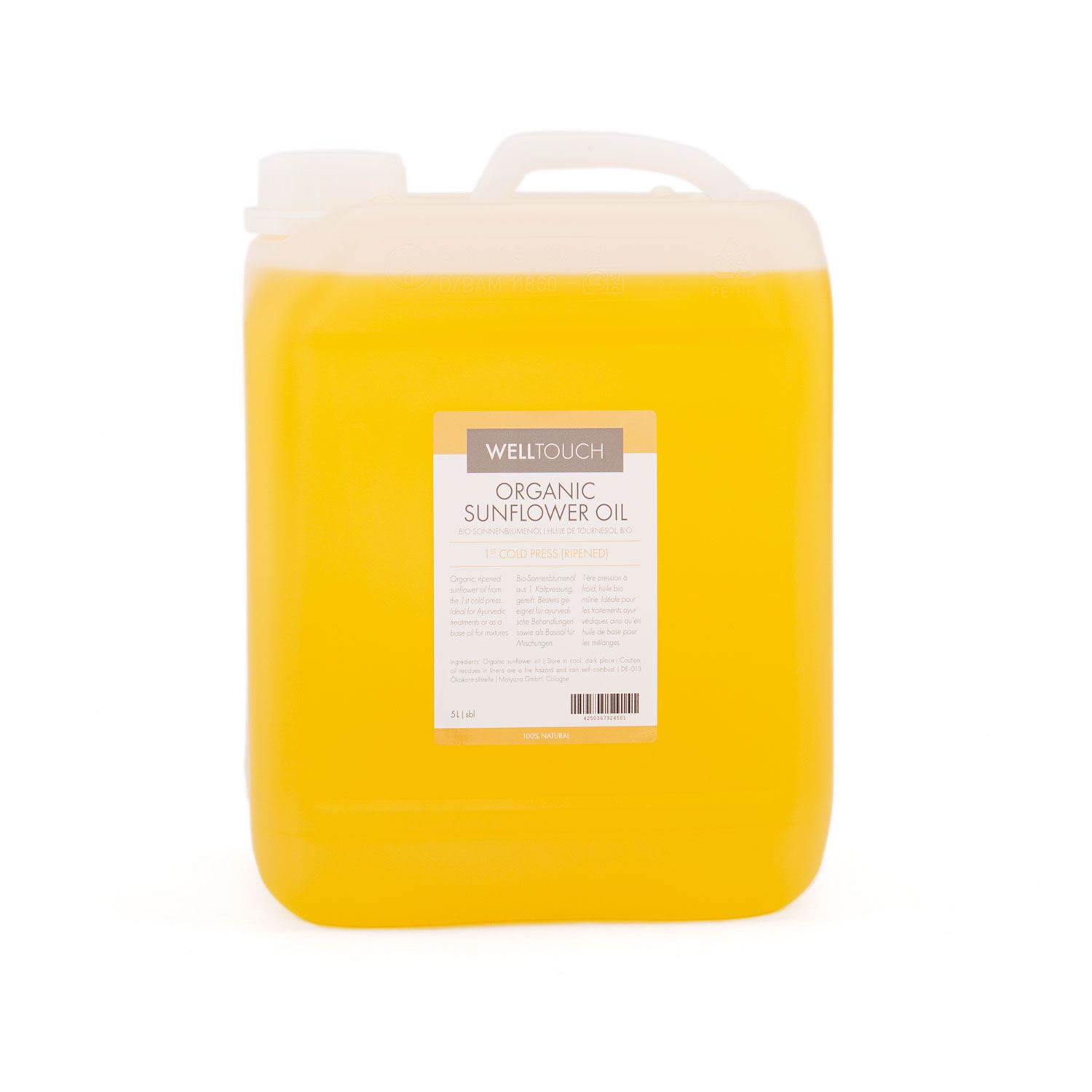 Gelbes Öl in einem rechteckigen Kanister mit Griff. Aufkleber mit Text: Welltouch Organic Sunflower Oil.
