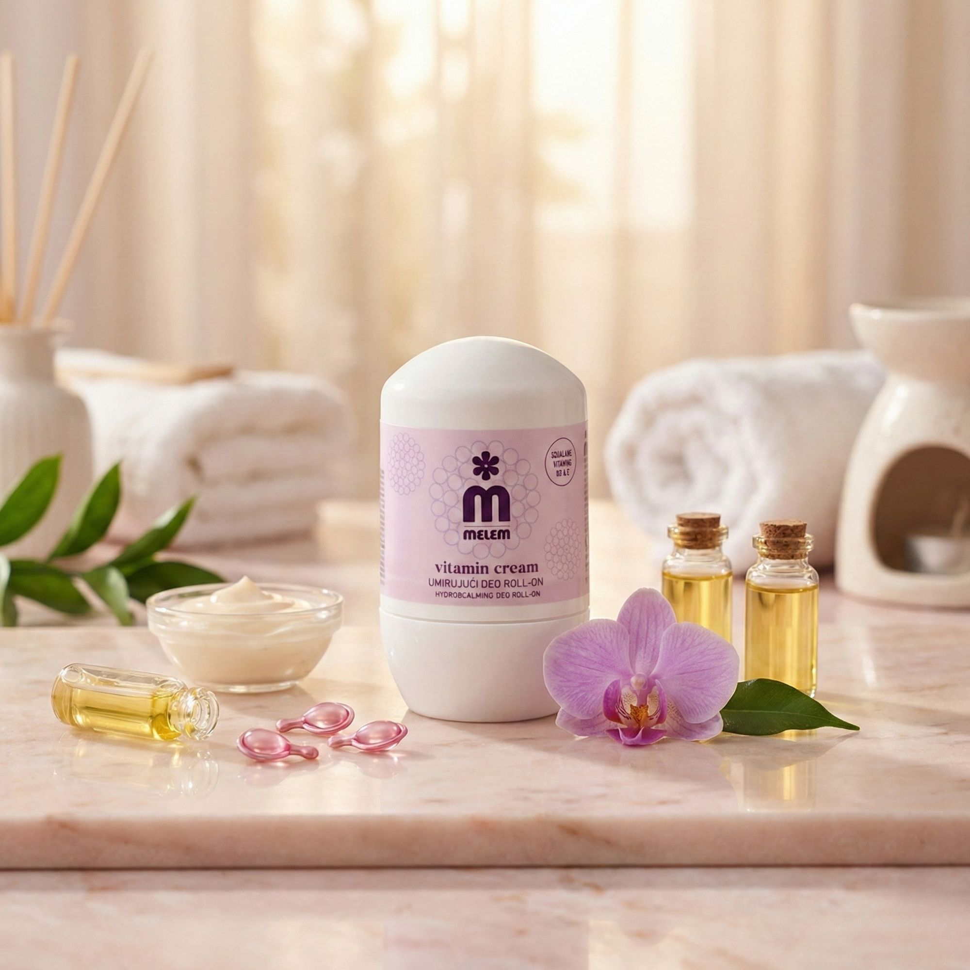 Weißer Roll-On mit lila Etikett, Text: Vitamin Cream. Daneben: Orchidee, Öle, Kapseln, Creme in Schale. Auf Marmorplatte.