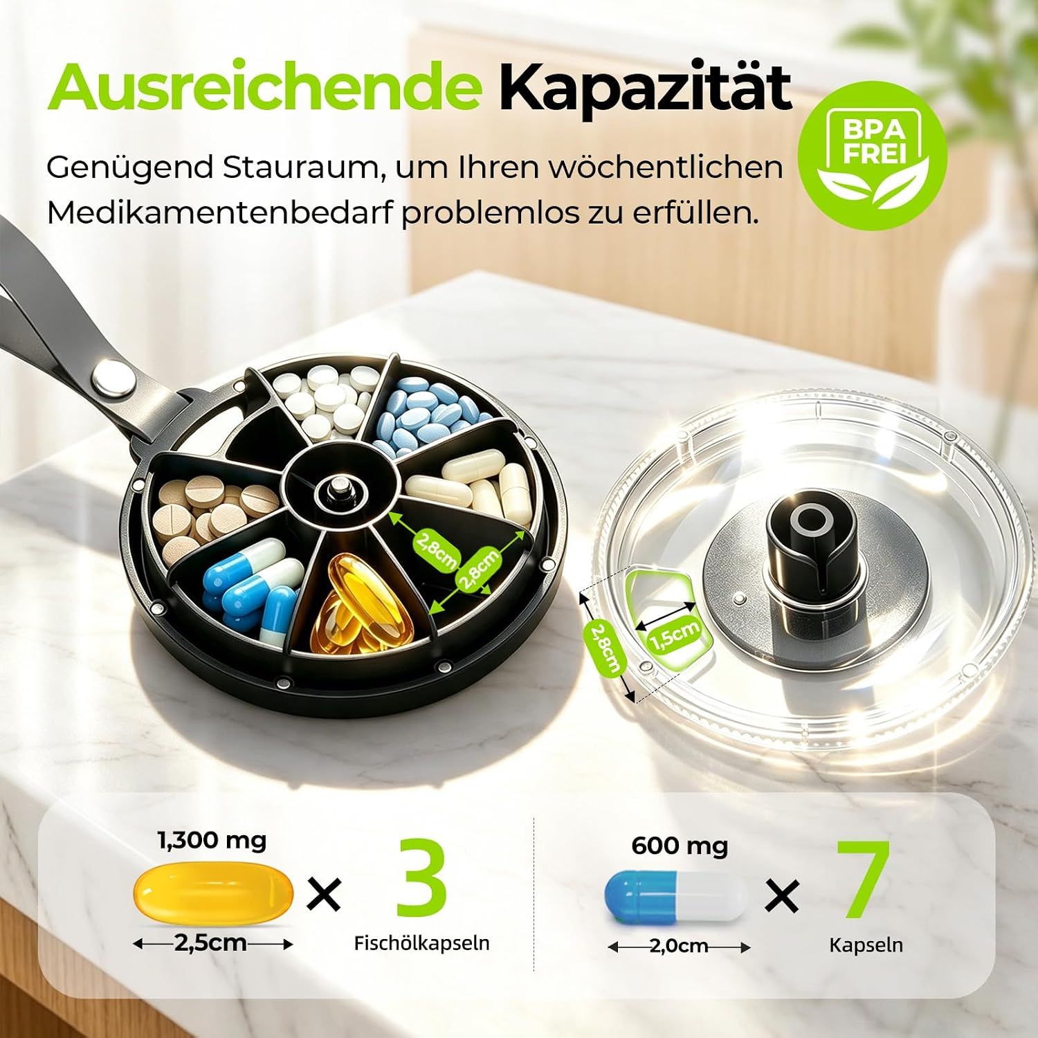 Runde Pillendose mit 7 Fächern und drehbarem Deckel.