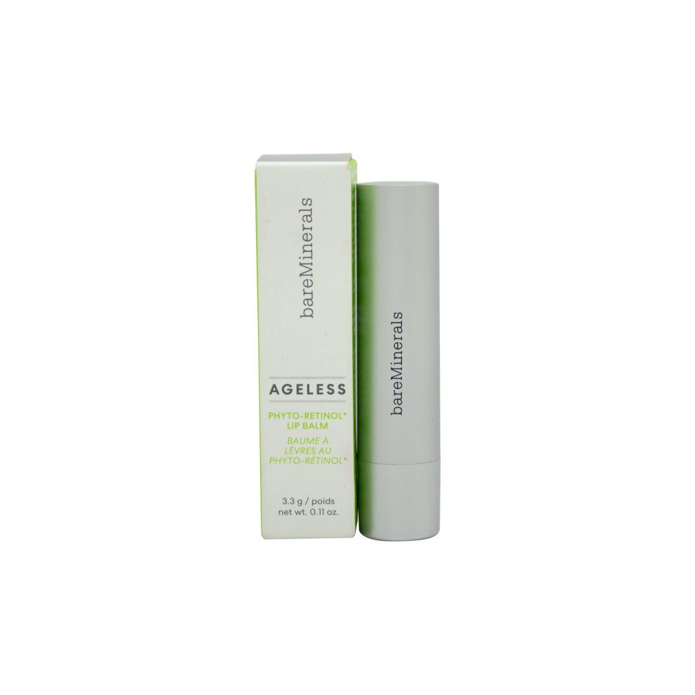 Lippenpflege AGELESS Phyto-Retinol und Verpackung. Marke: bareMinerals. Grün-weiße Verpackung mit Produktnamen. Lippenpflegestift daneben.