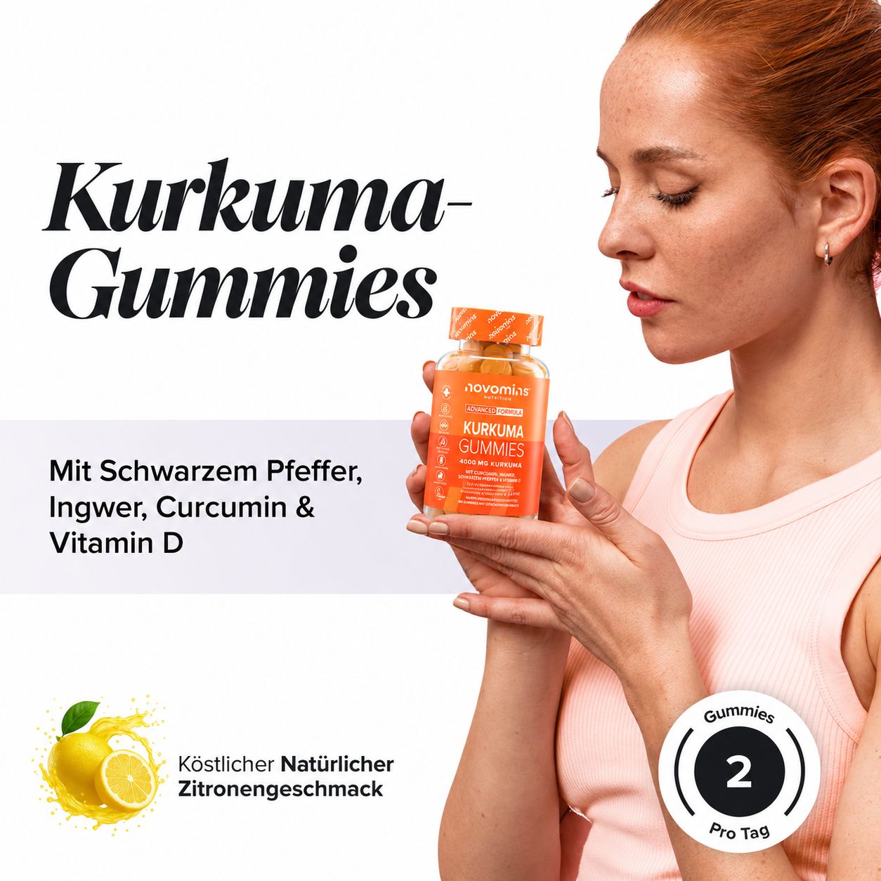 Novomins Kurkuma Gummies mit schwarzem Pfeffer, Ingwer, Curcumin & Vitamin D. Zitronengeschmack. 2 Gummies pro Tag.