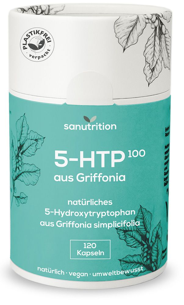Zylinderdose Sanutrition 5-HTP 100 aus Griffonia. 120 Kapseln. Grün-weißes Etikett mit Produktinformationen. Natürliches Produkt.