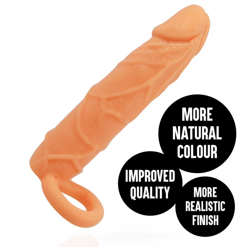 Orangefarbener Dildo mit Ring. Text auf Kreisen: More Natural Colour, Improved Quality, More Realistic Finish.