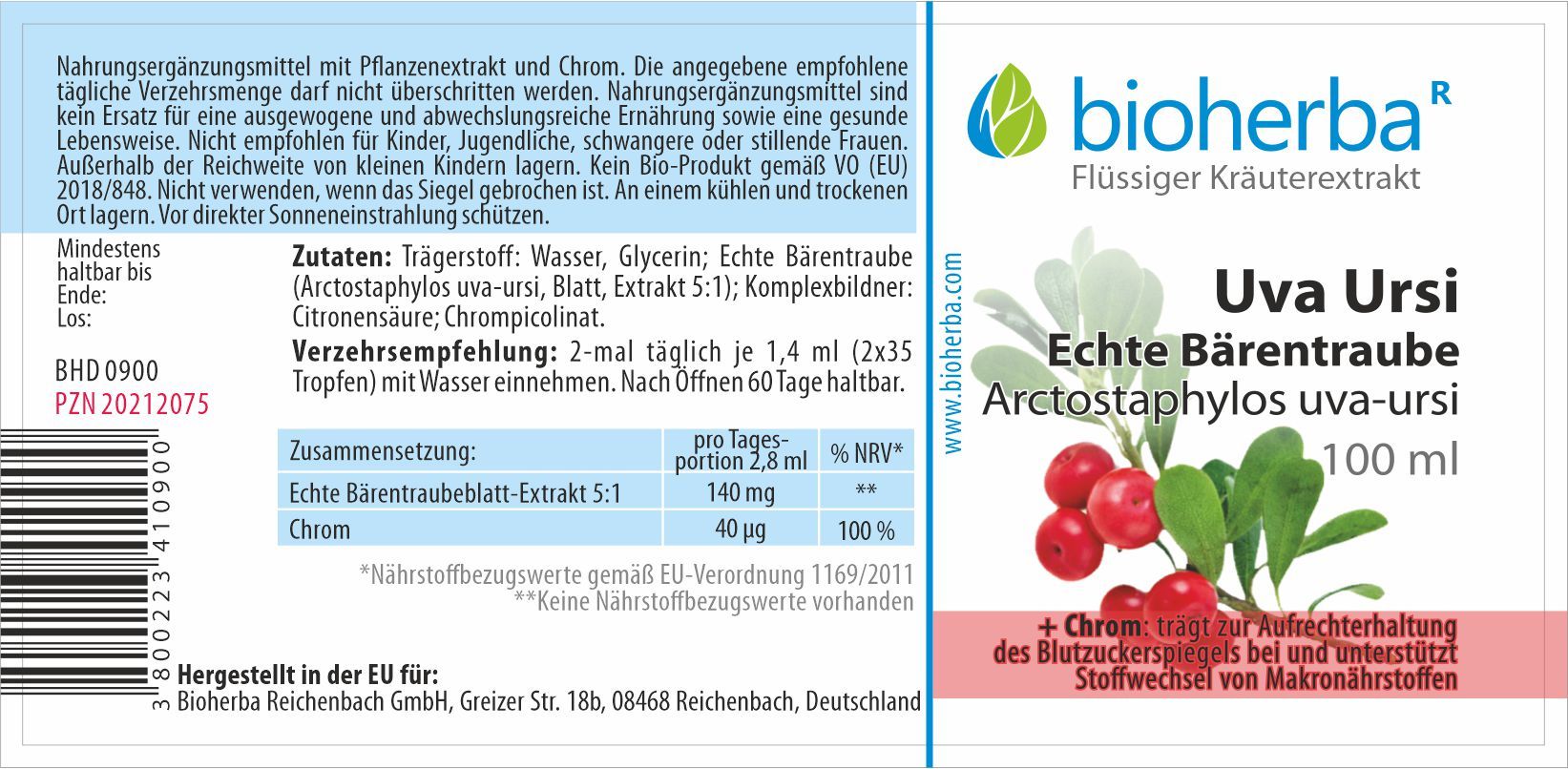 Etikett mit Produktnamen, Pflanzenabbildung und Text. "Bioherba" Logo. Zusätzliche Informationen und Inhaltsstoffe.