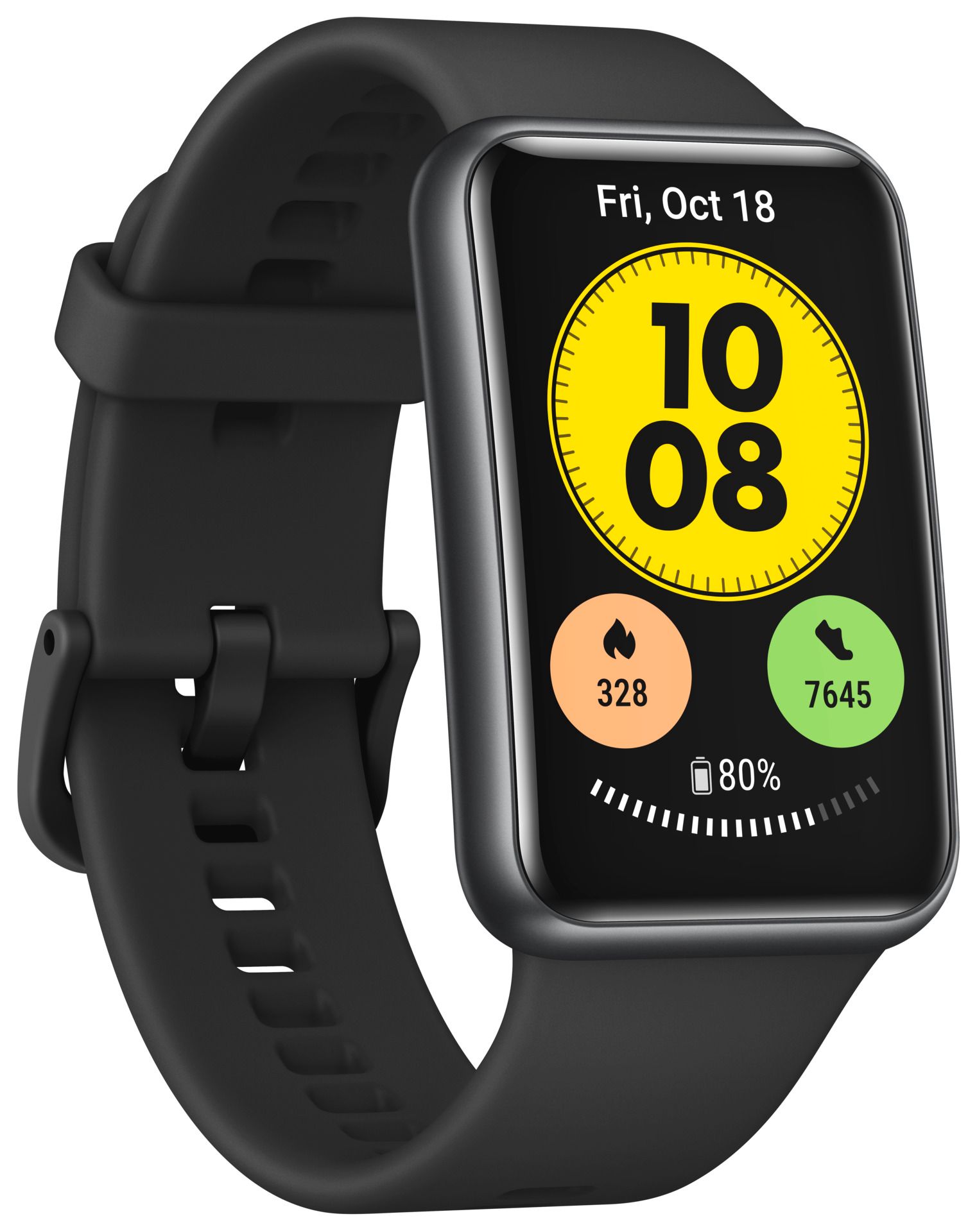 Schwarze Smartwatch mit rechteckigem Display. Zeigt Uhrzeit, Datum, verbrannte Kalorien, Schritte und Akkustand an.