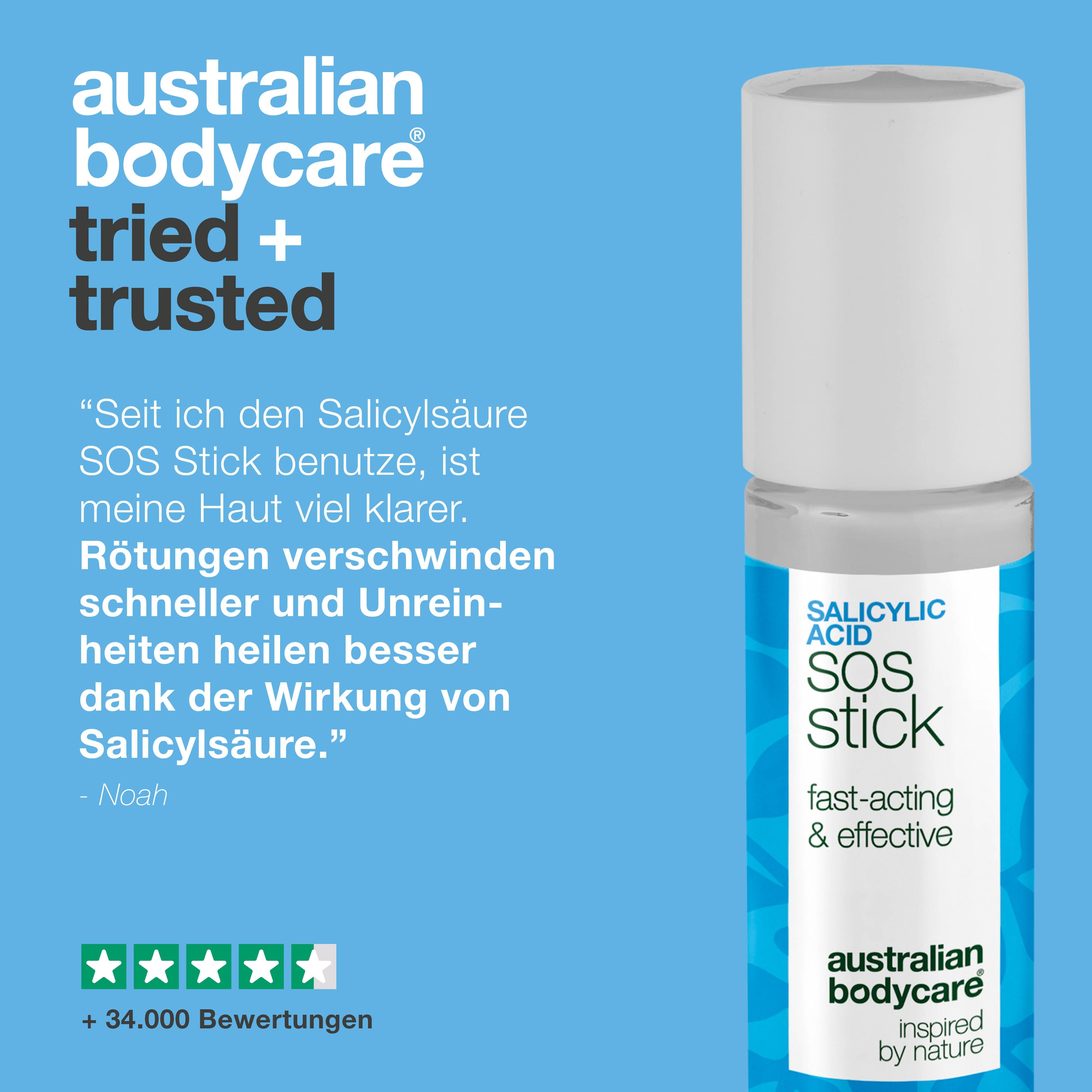 Stick mit Text und Bewertungen. Zitat: Meine Haut ist viel klarer. Rötungen verschwinden schneller. Blaue und weiße Verpackung.