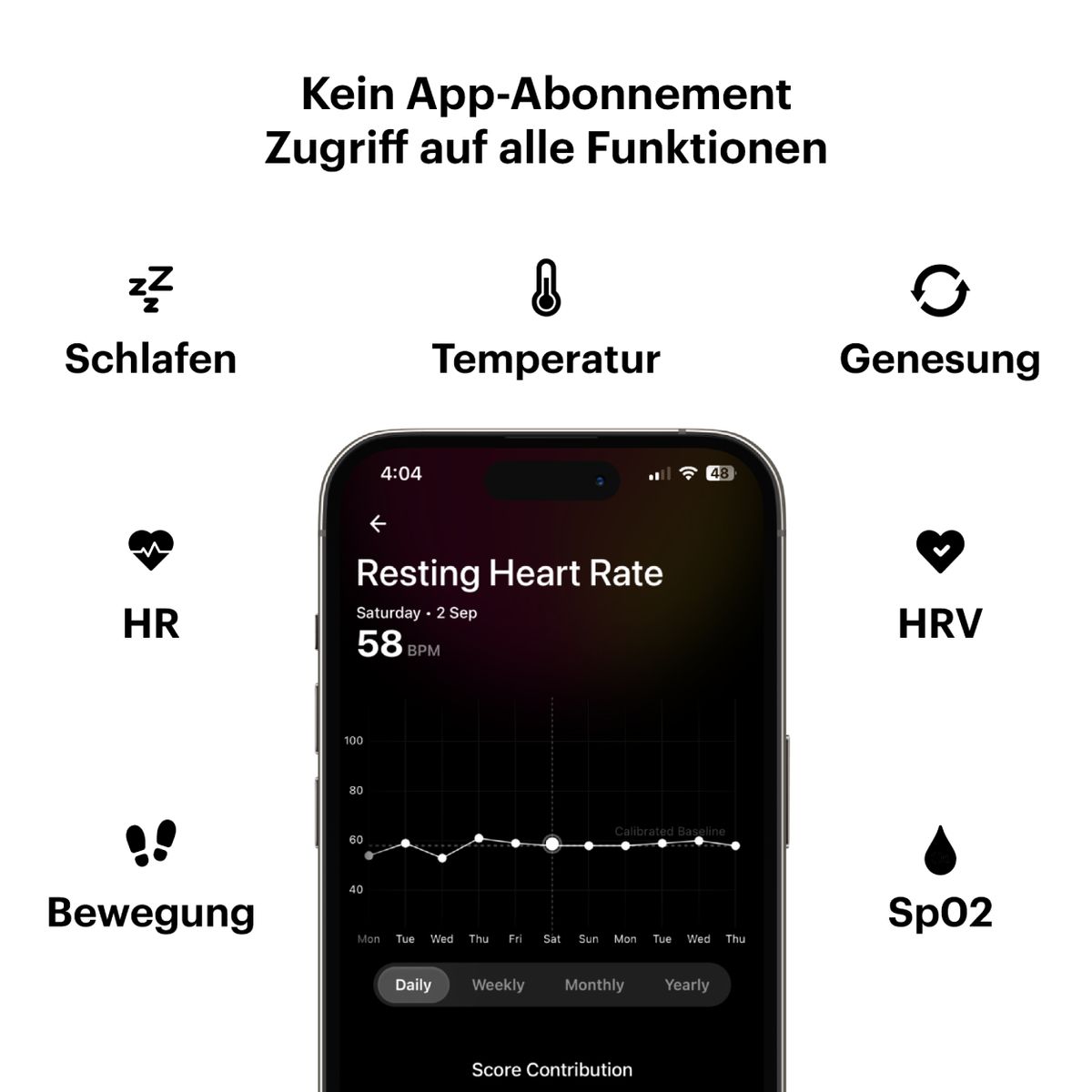 Smartphone-Bildschirm mit Gesundheitsdaten. Schlaf, Temperatur, Erholung, HR, HRV, Bewegung und SpO2 werden angezeigt.