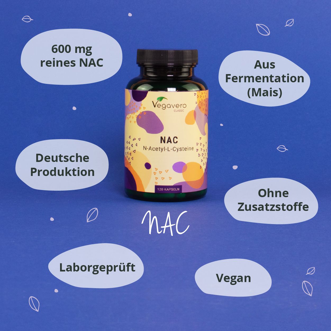 VEGAVERO NAC Flasche auf blauem Hintergrund. Aufschrift: NAC N-Acetyl-L-Cystein. 120 Kapseln. Zusätzliche Informationen.