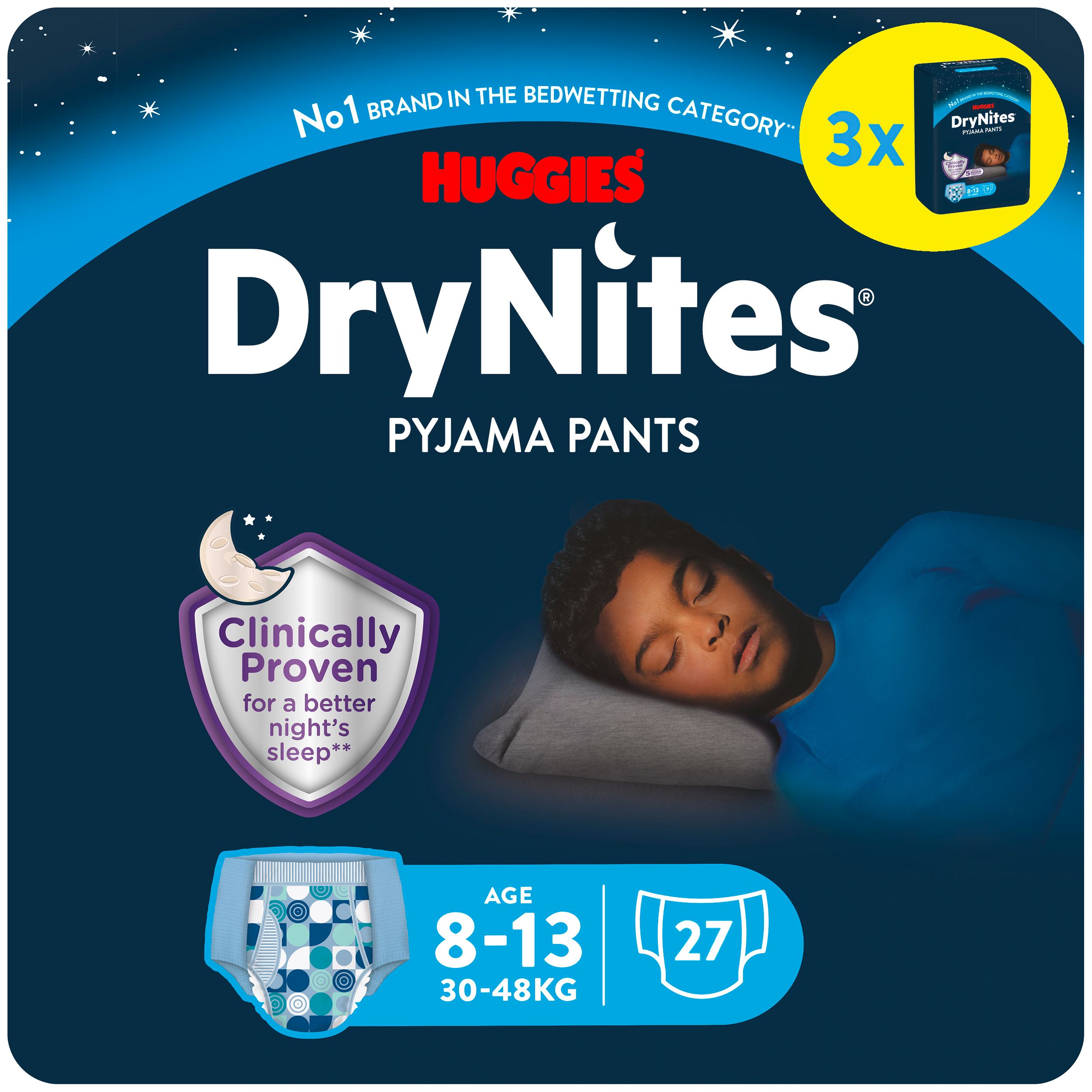 Huggies DryNites Pyjama Pants. Packung mit 27 Windelhosen. Alter 8-13 Jahre, 30-48 kg. Klinisch erwiesen für besseren Schlaf.