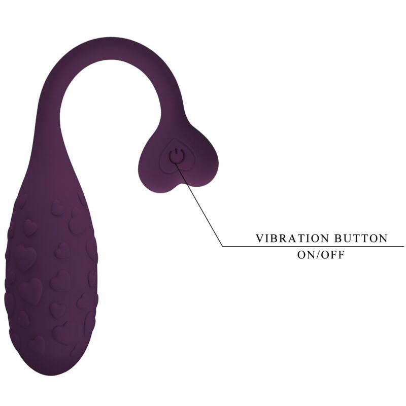 Lila Vibrator mit Herzspitze, die den Ein-/Ausschaltknopf zeigt. Silikon, USB-aufladbar.