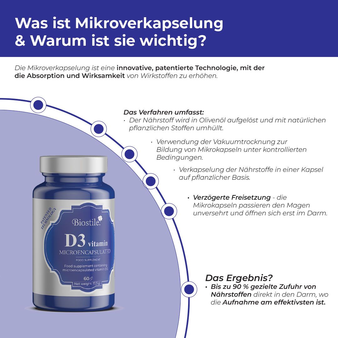 Biostile BMT D3 Vitamin: Fläschchen mit Kapseln auf pflanzlicher Basis.
