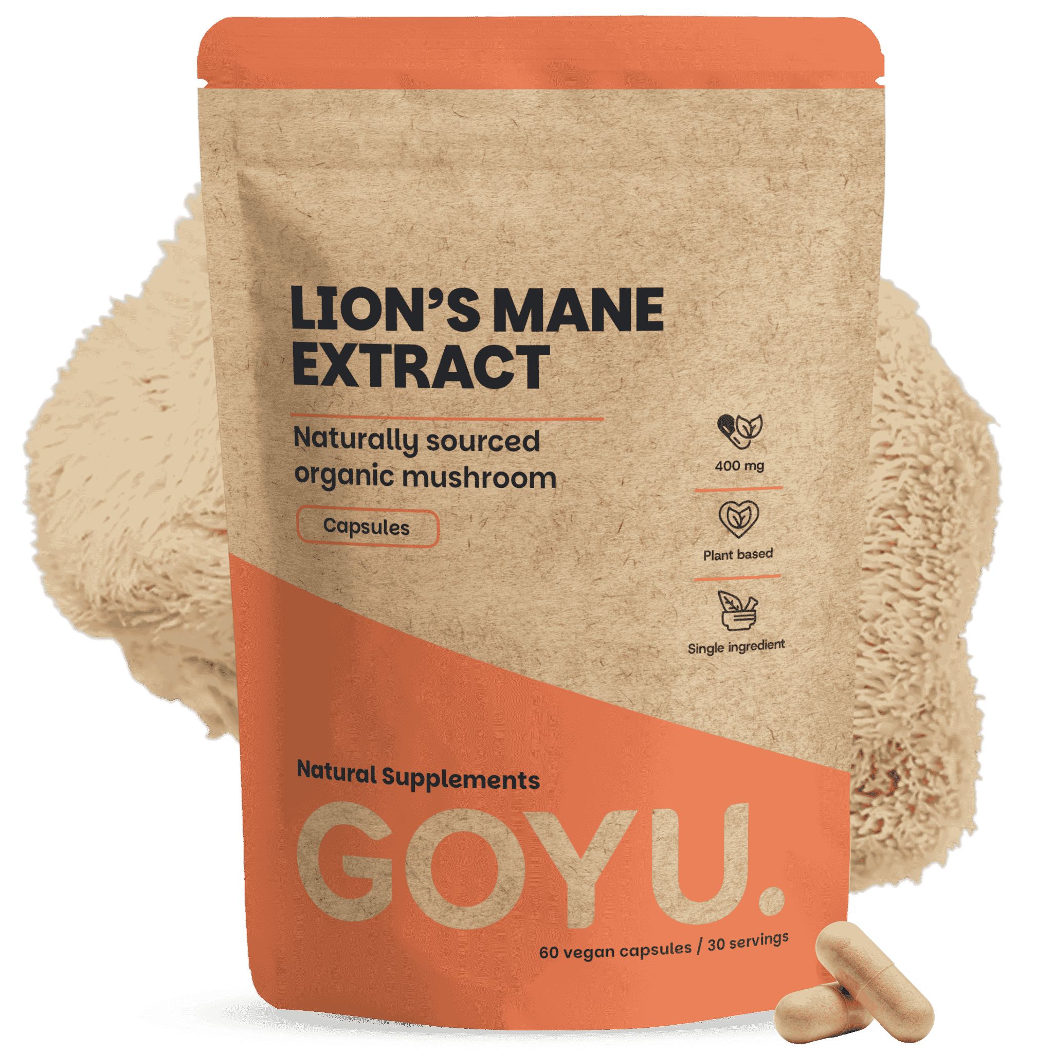 Braune Papiertüte mit Löwenmähnen-Extrakt Kapseln, 400 mg, 60 vegane Kapseln.