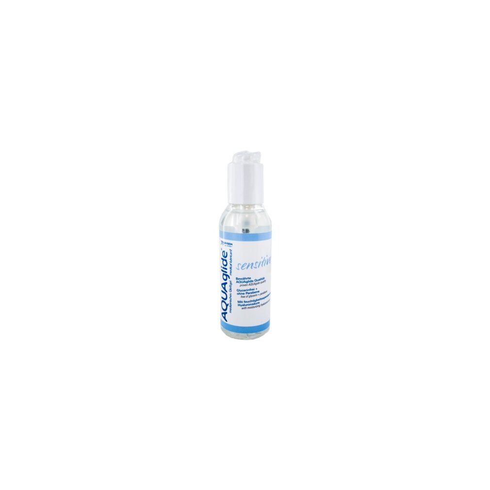 Kleine, transparente Flasche mit weißem Pumpkopf. Blaue und weiße Etiketten. Aufschrift: AQUAglide sensitive.
