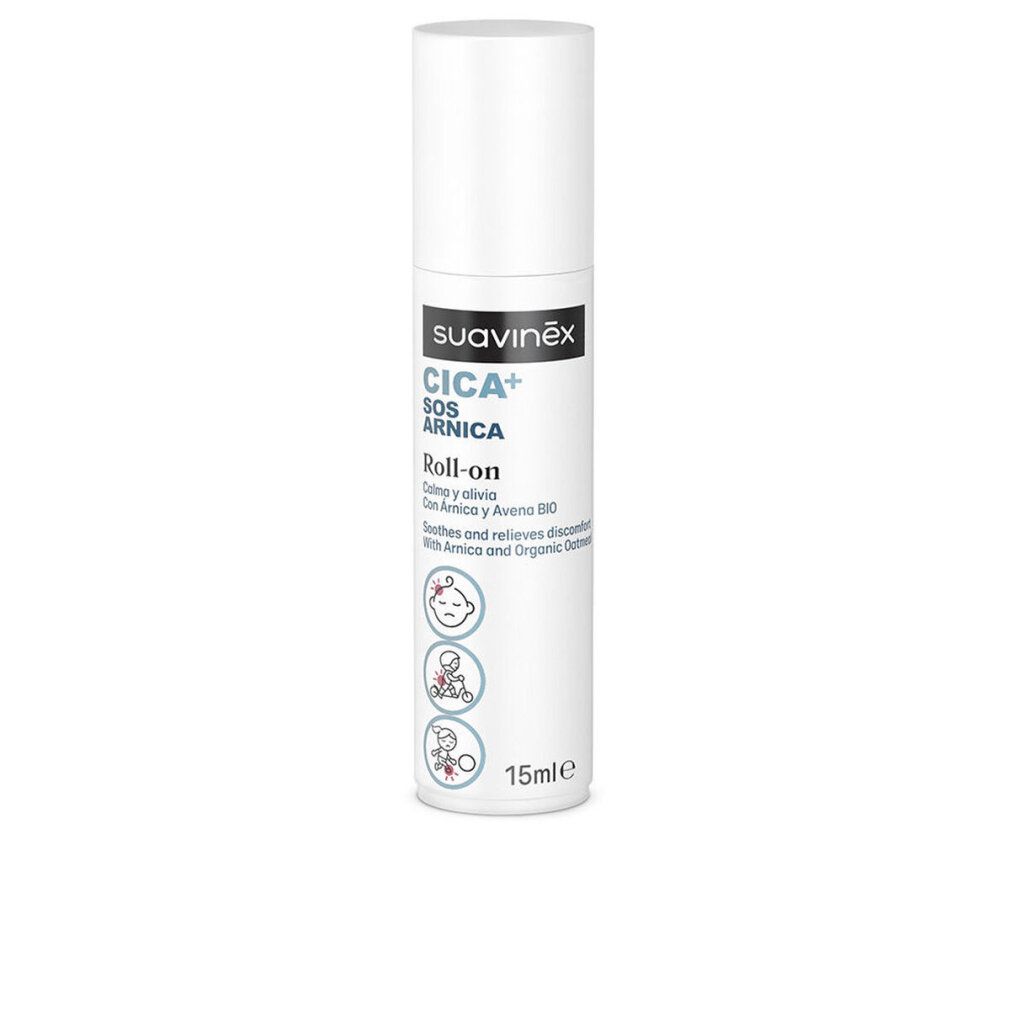 Weißer Roll-on-Behälter mit schwarzer und blauer Beschriftung. Text: CICA+ SOS ARNICA, Roll-on, 15ml.