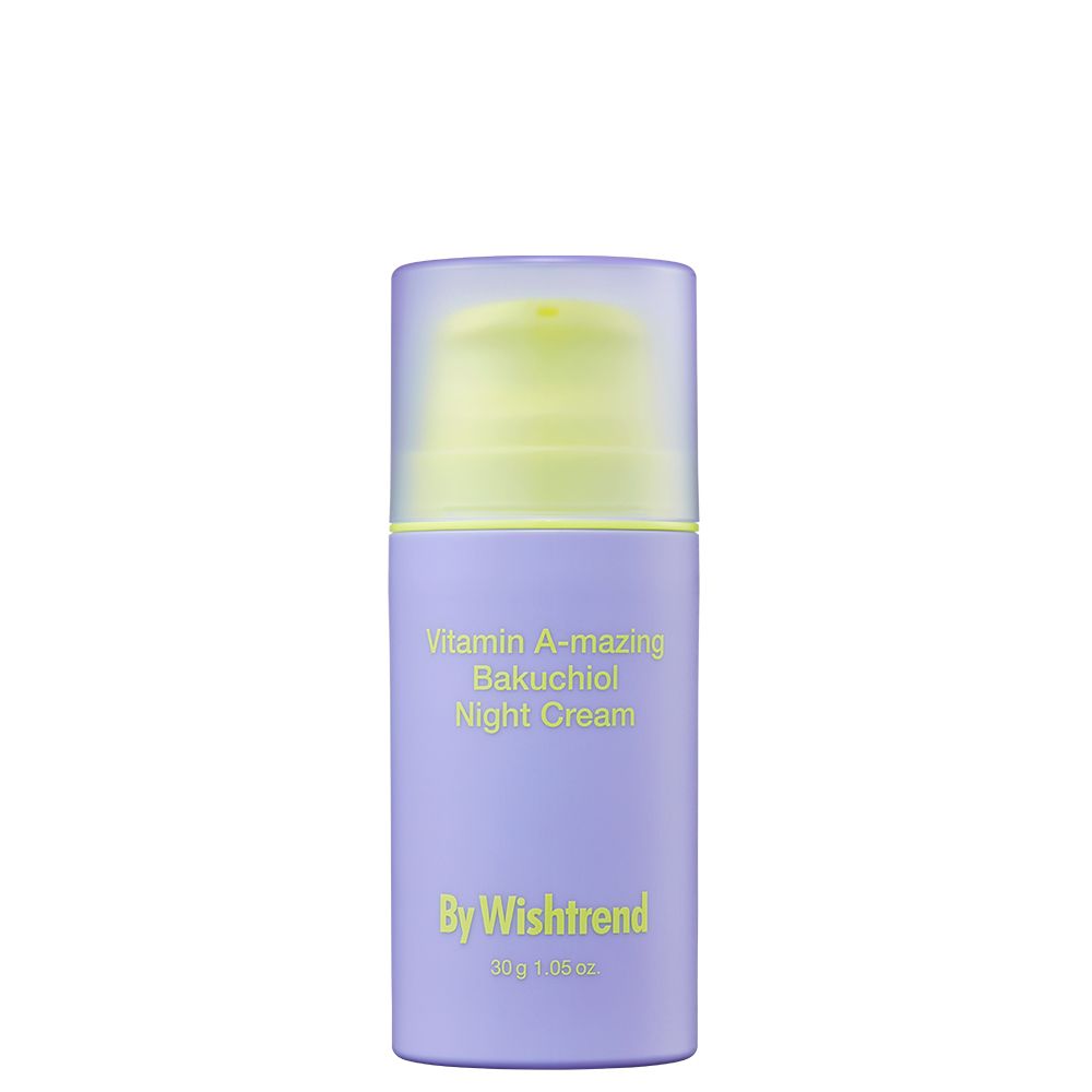 Lila Flasche mit Pumpspender, gelber Aufsatz. Enthält Vitamin A-mazing Bakuchiol Nachtcreme.