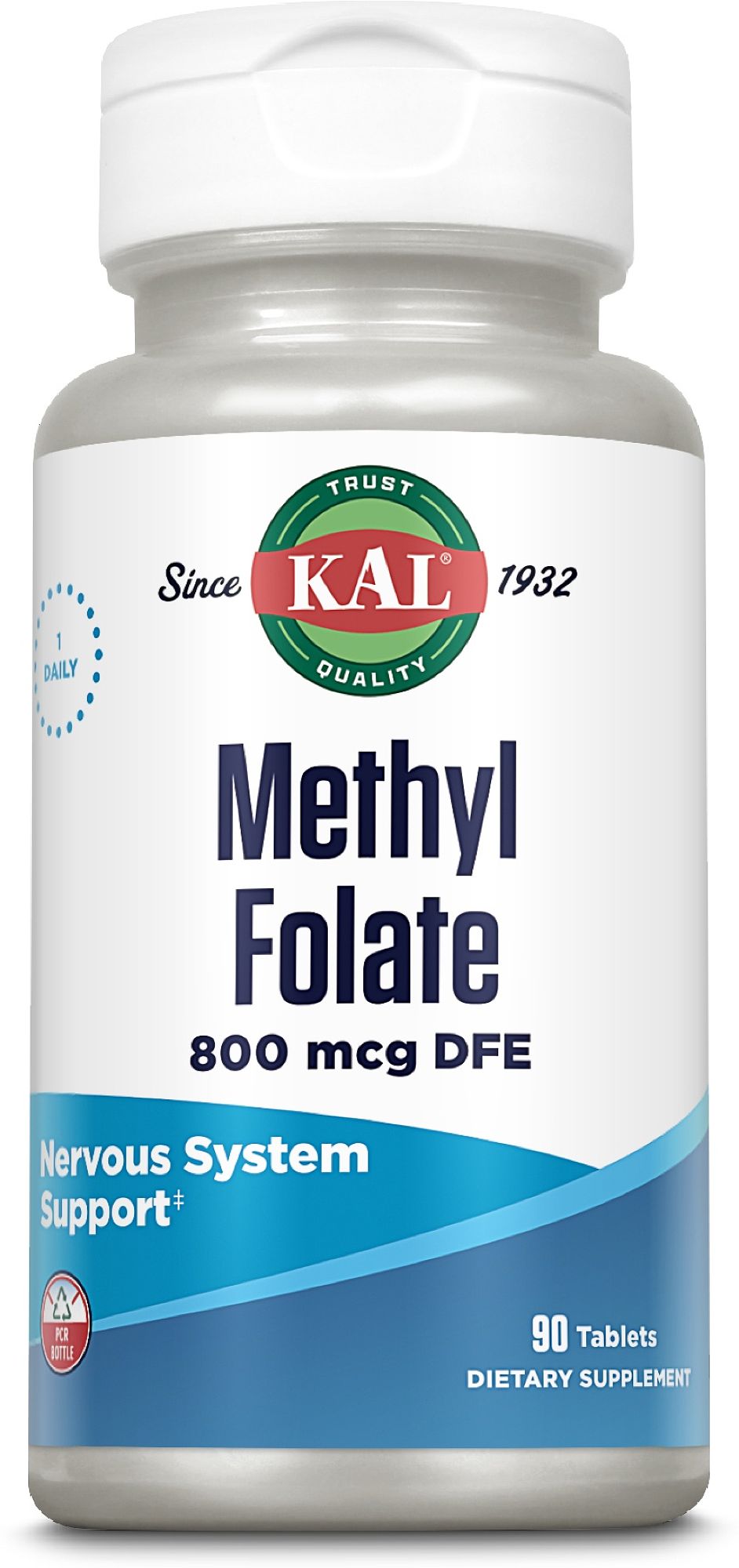 Flasche KAL Methyl Folate 800 mcg DFE, 90 Tabletten, für das Nervensystem.