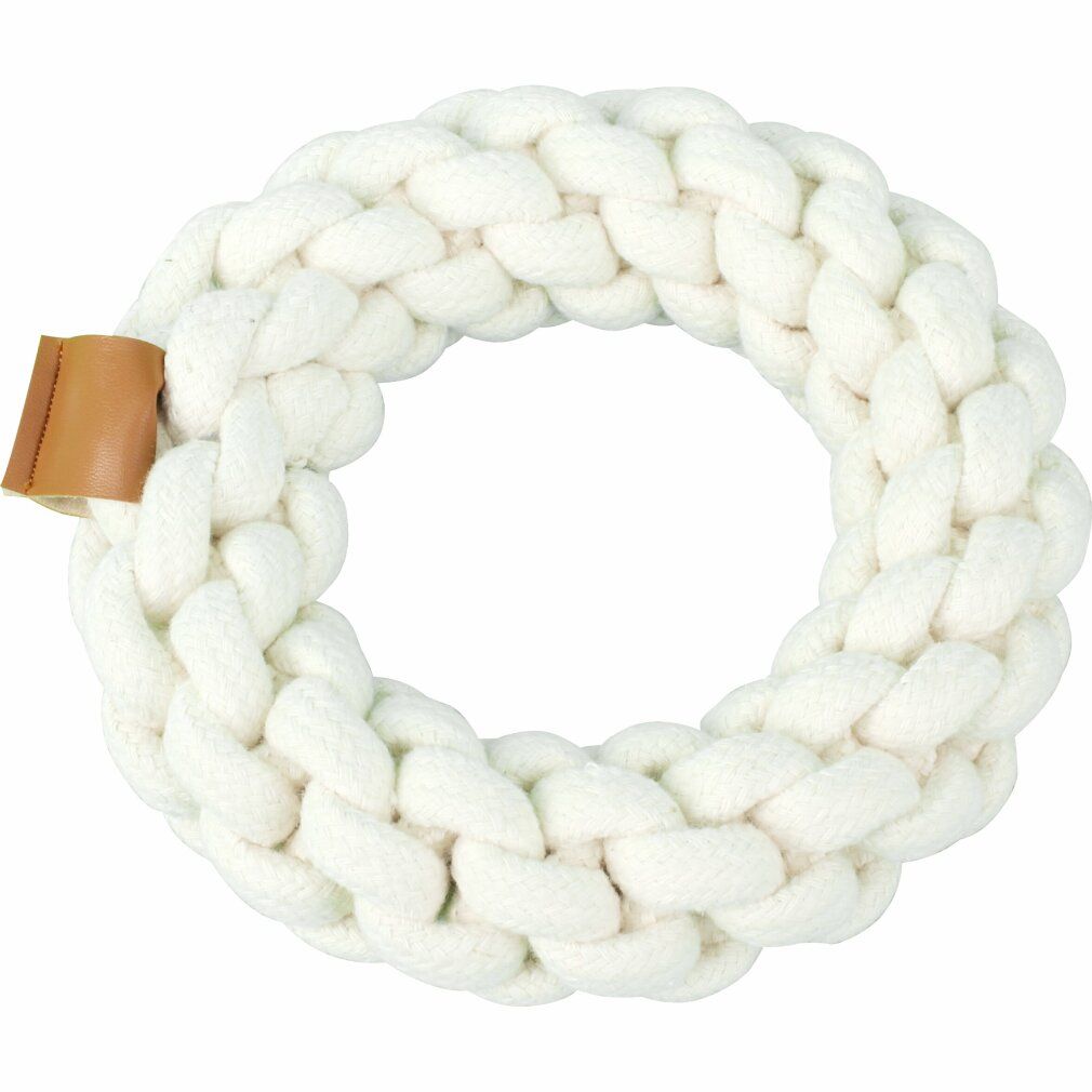 Weißes, geflochtenes Baumwollspielzeug in Ringform mit braunem Lederdetail.