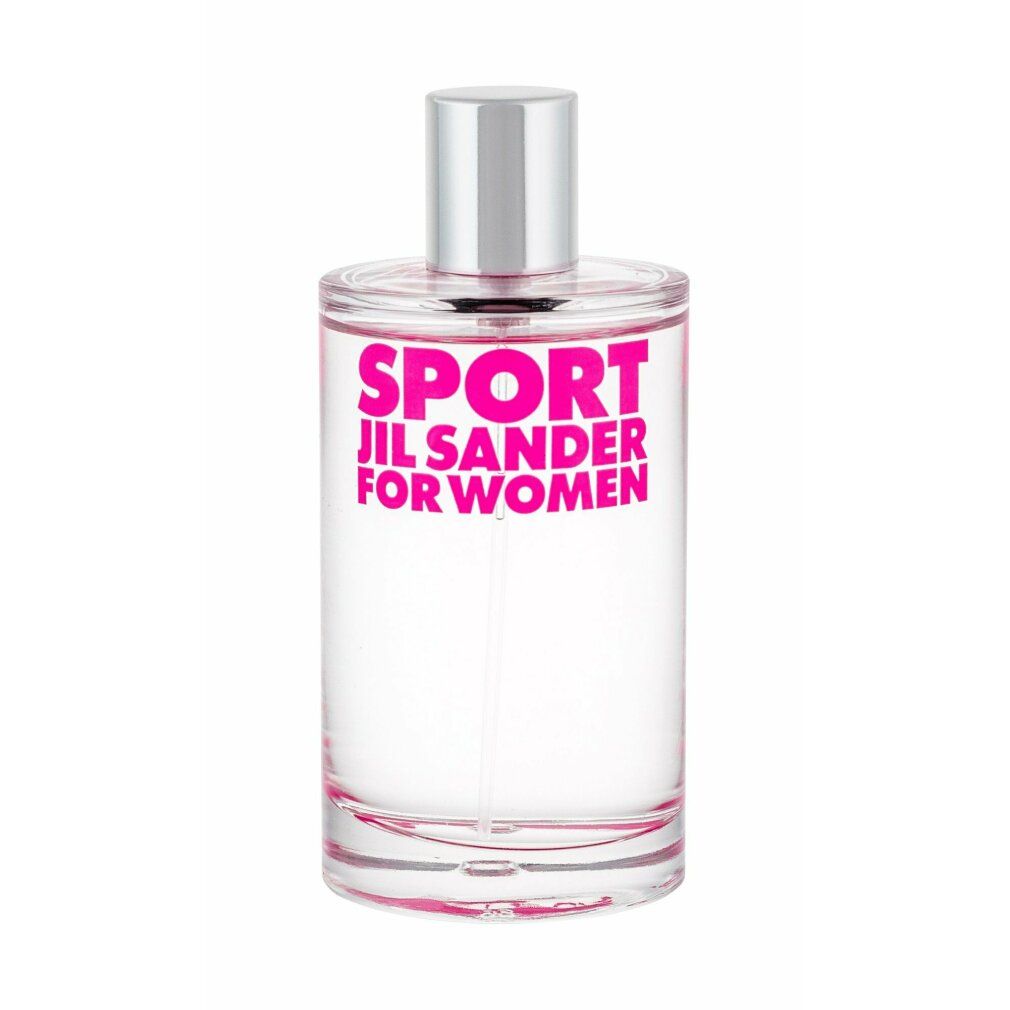 Klarer Glasflakon mit silbernem Verschluss. Rosa Schriftzug: SPORT JIL SANDER FOR WOMEN. Flüssigkeit sichtbar.
