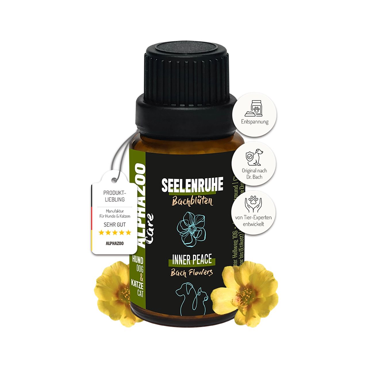 Braune Glasflasche mit schwarzem Deckel. Etikett mit Produktname, Blütenabbildung und Logos. Gelbe Blüten dekorieren das Produkt.