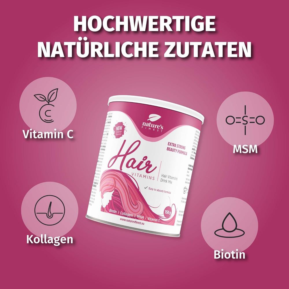 Produktverpackung von Nature's Finest Hair Vitamins. Dose mit Text und Illustrationen. Inhaltsstoffe: Vitamin C, MSM, Kollagen, Biotin.
