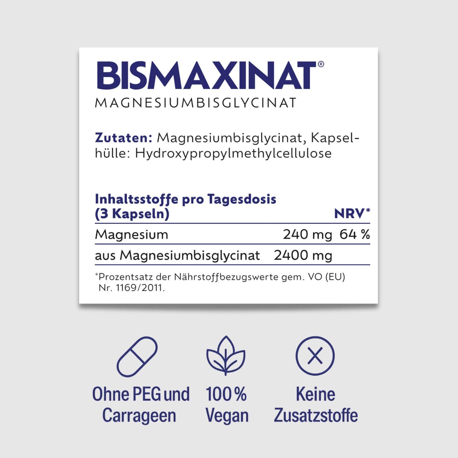 Nährwerttabelle. Text: BISMAXINAT, Magnesiumbisglycinat. Ohne PEG und Carrageen. 100% Vegan.
