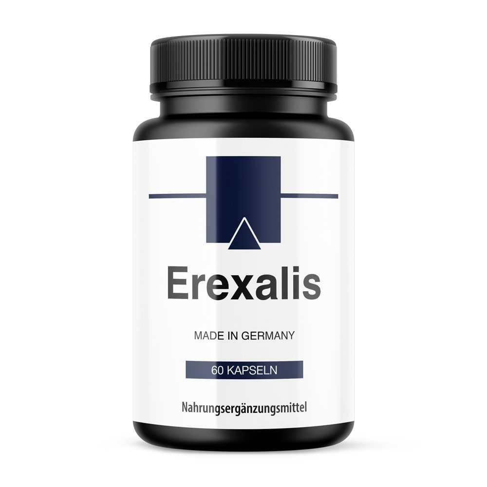Schwarze Flasche mit weißem Etikett. Aufschrift: Erexalis, 60 Kapseln, Made in Germany. Nahrungsergänzungsmittel.