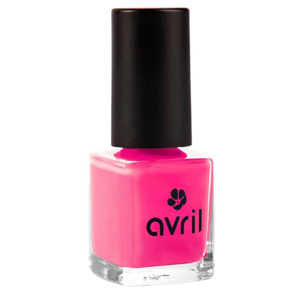 Nagellackflasche mit schwarzem Deckel. Rosa Lack, quadratische Glasflasche, Logo 'avril'.
